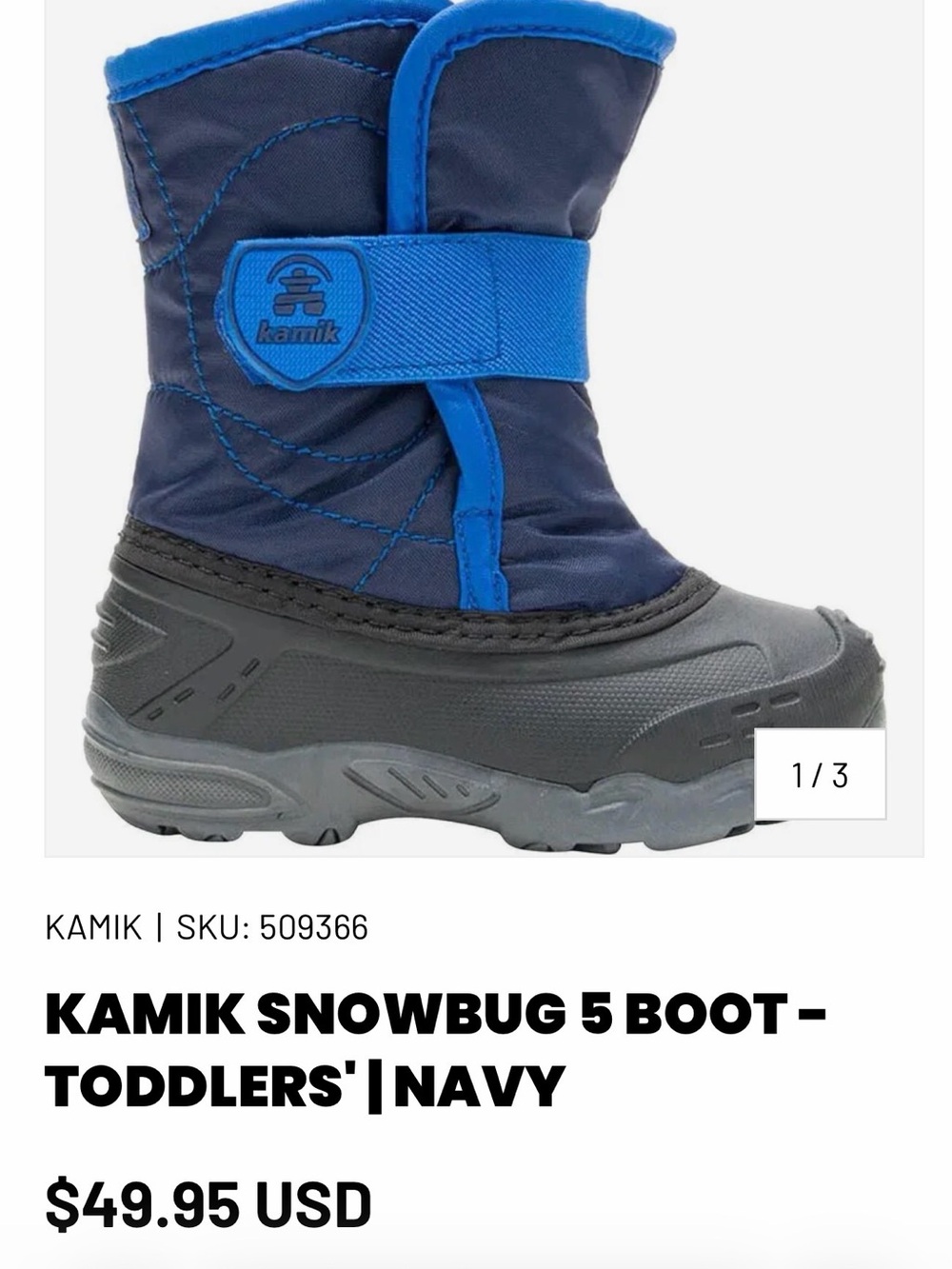 Kamik snowbug 5 Toddler snowboot  size 9 navy and blue